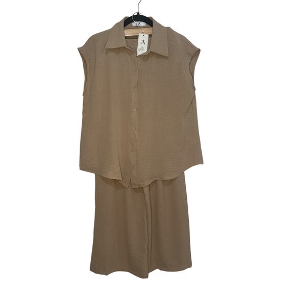 NWT Beige Two-Piece Pant Set • Blouse + Wide-Leg Pants • Size L - Picture 1 of 6